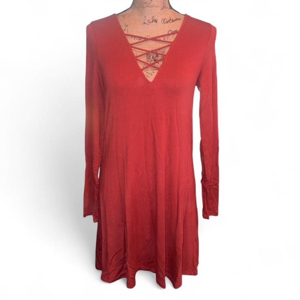 Express Red Lace Up Dress Long Sleeve Flowy Whimsy Goth Boho Mini Medium